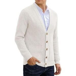 New Men's Cardigan Sweater Soft Cable Knit White